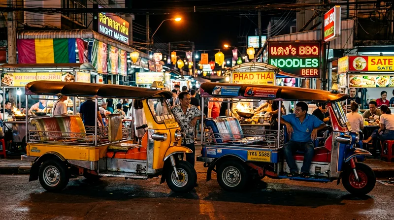 Two tuk-tuks parked at night market with drivers and passengers nearby