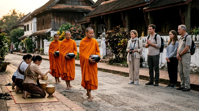 Tourists watching saffron-robed monks collecting alms offerings at dawn