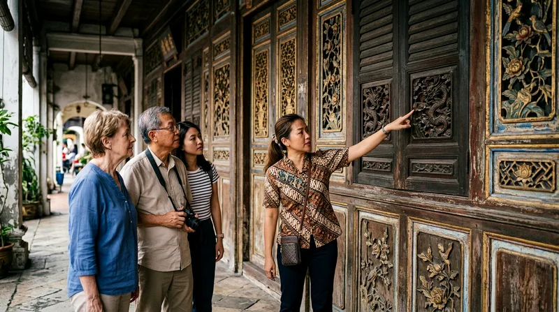 Tour guide pointing out wooden Thai shophouse architectural details to group