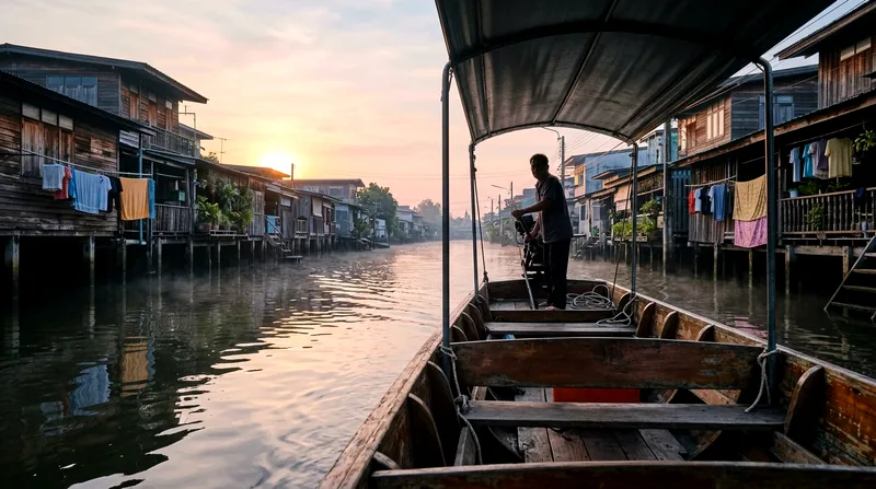 Longtail boat navigating narrow khlong past wooden stilt houses at dawn