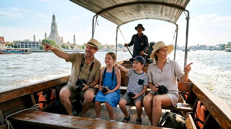 Family of four seated in a longtail boat on the open Chao Phraya River