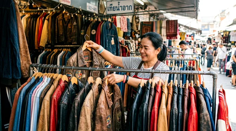 Vendor arranging retro jackets and leather goods on stall rail