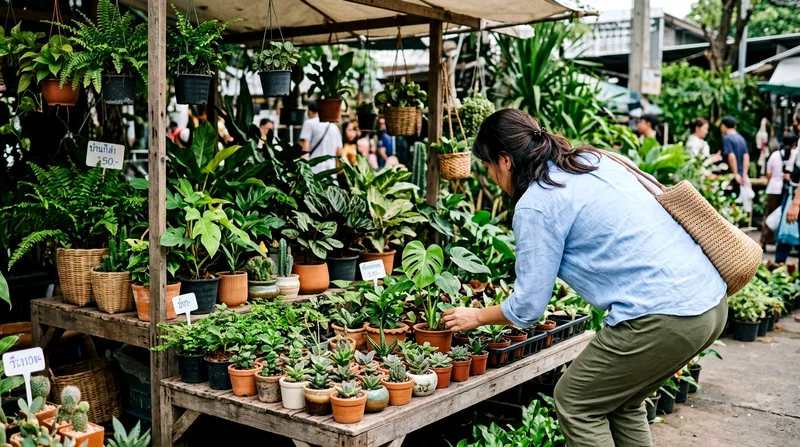 Shopper examining potted plants at horticulture vendor stall
