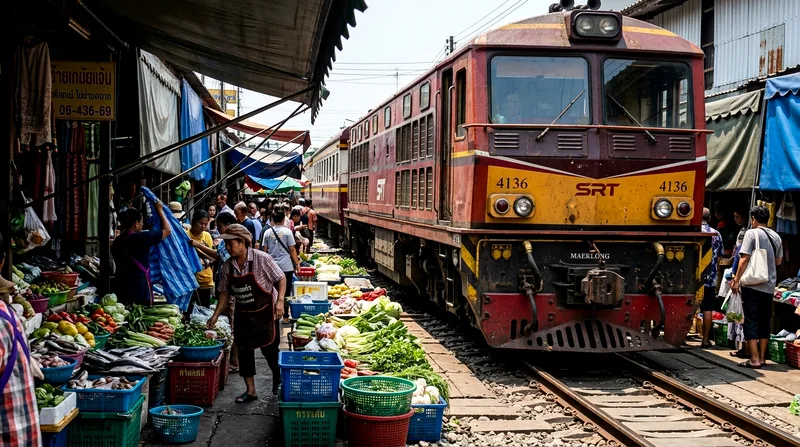 Passenger train slowing through Maeklong Railway Market vendor stalls