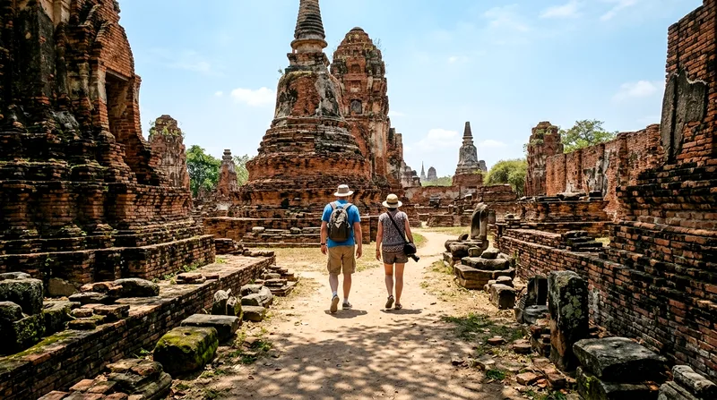 Tourists walking through Ayutthaya temple compound examining brick stupas