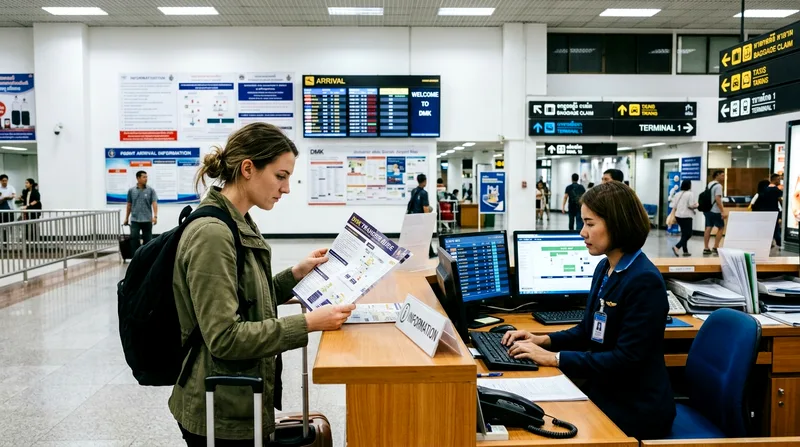 Traveler reading airport transfer options brochure at information desk