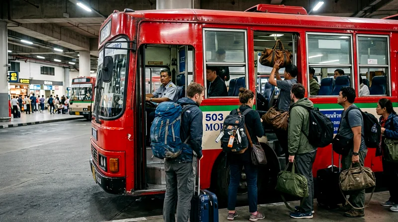 Passengers boarding public bus with luggage at Don Mueang airport