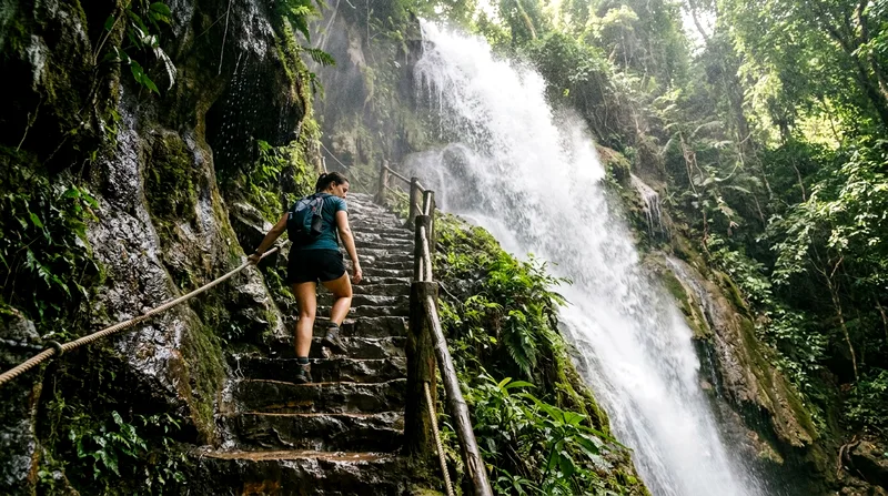 Hiker climbing wet stone steps on Erawan waterfall face