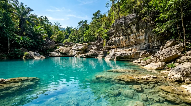 Turquoise pool surrounded by limestone rocks at waterfall base