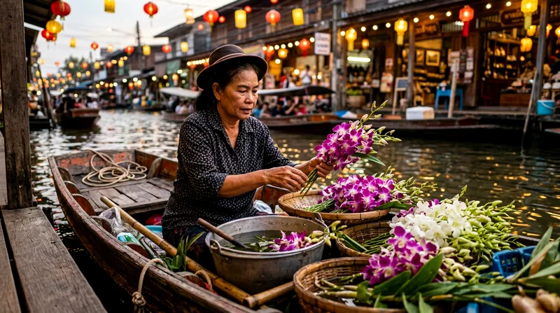 Woman vendor arranging orchid bundles on display in boat at Amphawa market