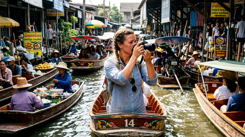 Tourist photographing from longtail boat at crowded Damnoen Saduak mid-morning