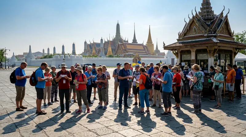Crowded plaza with many tour groups waiting at Grand Palace gates