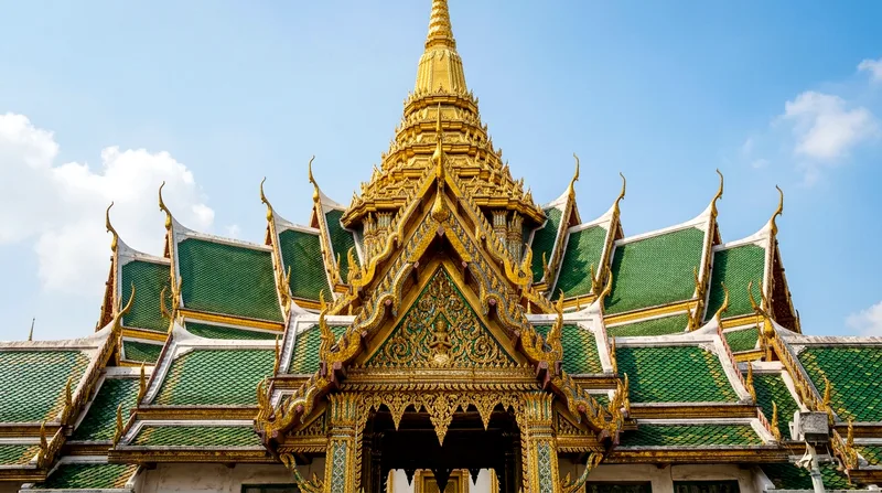 Golden ornate chedis and intricate tilework detail on Grand Palace roof above gate