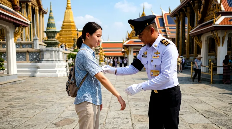 Staff member checking visitor's sleeve coverage at Grand Palace entrance
