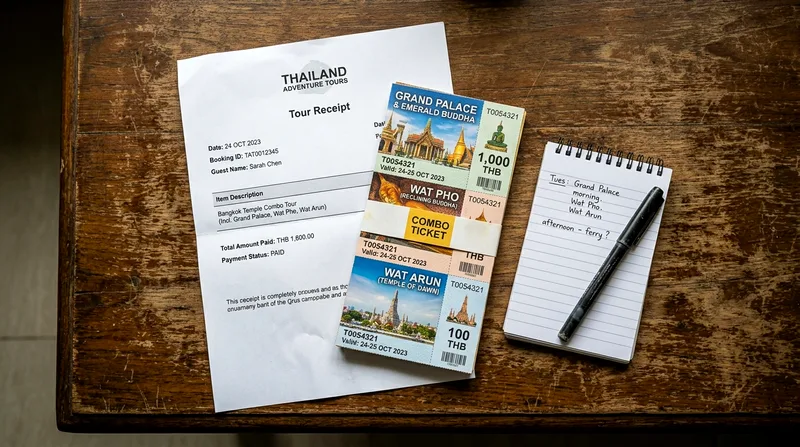 Temple combo ticket bundle and receipt displayed on wooden table