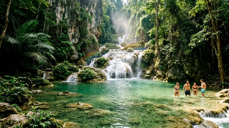 Limestone cliff formations and water pools at base of Erawan Waterfall at midday