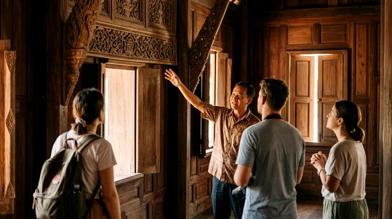 Local guide pointing out temple details to small group inside wooden monastery structure