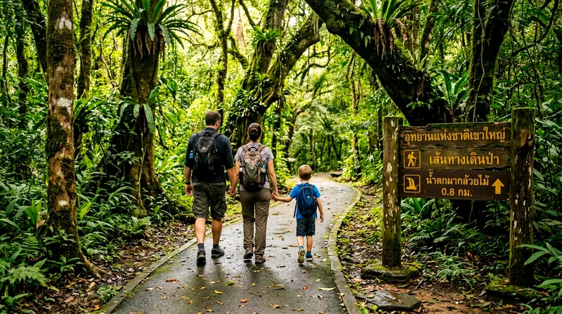 Family hiking Kong Kaew Nature Trail at Khao Yai near wooden signpost