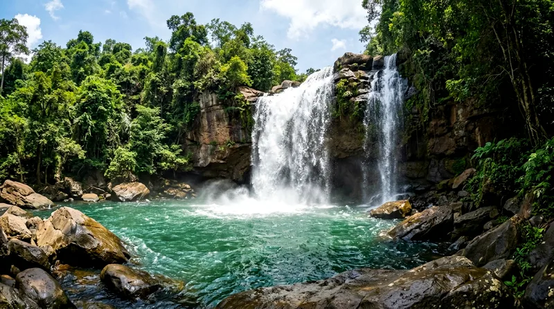 Turquoise water cascading down limestone rock tiers at Haew Suwat Waterfall