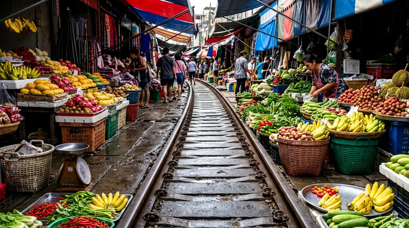 Colorful produce stacked along active railway tracks at market