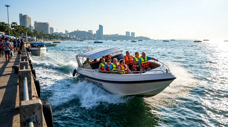 Speedboat full of tourists racing away from Pattaya pier into open sea