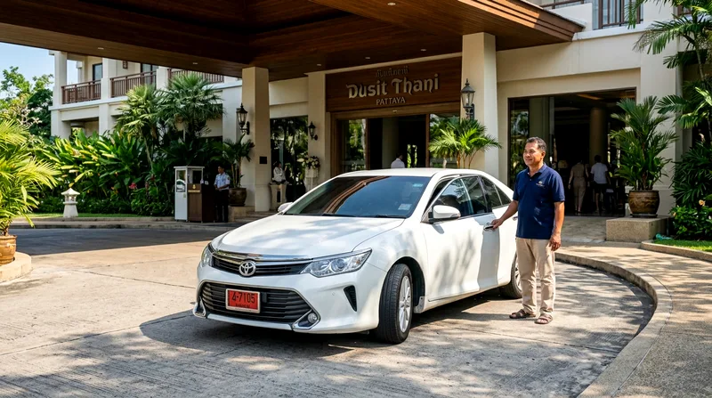 Private sedan car parked at Pattaya hotel entrance ready to collect tourists