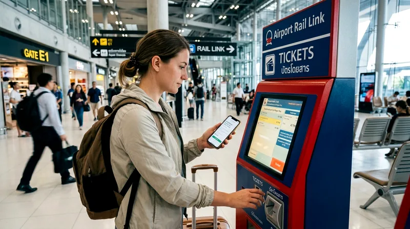 Traveler comparing Airport Rail Link ticket machine to phone confirmation