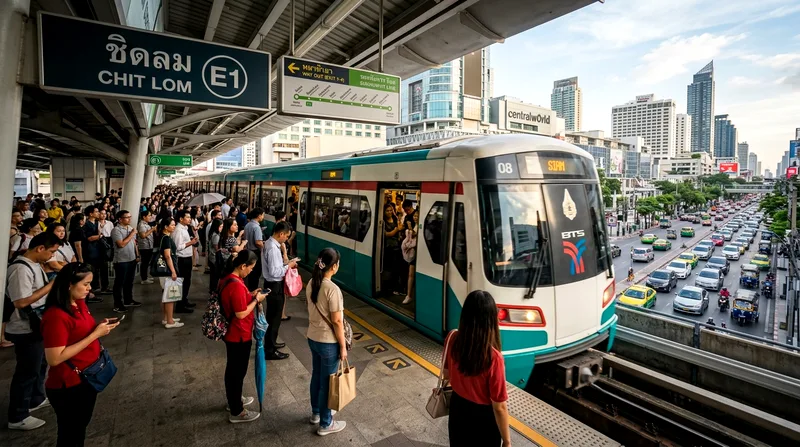 Passenger train arriving at BTS Skytrain platform during rush hour