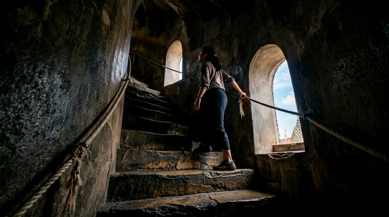 Visitor climbing steep stone steps inside Wat Arun prang toward upper balcony