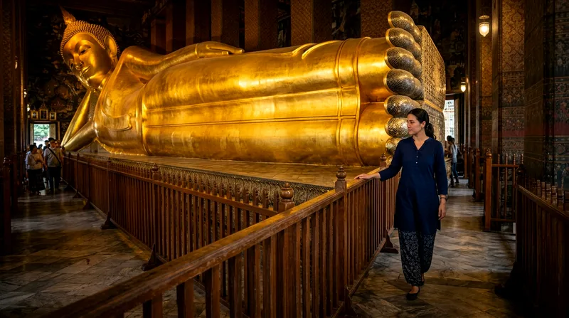 Visitor walking along length of Reclining Buddha from head toward feet